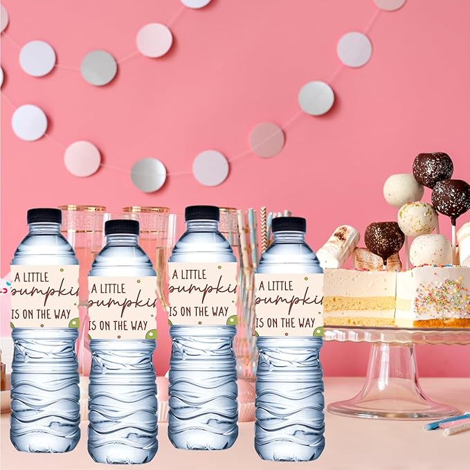 100Pcs A Little Pumpkin Is on The Way Baby Shower Water Bottle Labels Waterproof Wrappers for Fall Baby Shower Decorations and Party Drink Stations