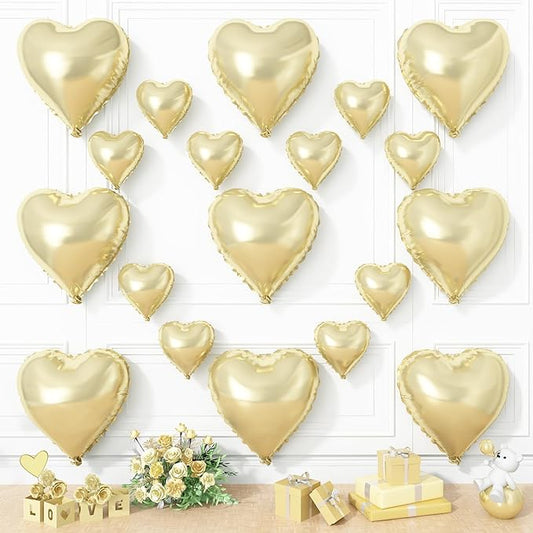 Champagne Gold Heart Balloons, 19PCS Light Gold Heart Shape Balloons, 18Inch with 10Inch Foil Gold Balloon for Birthday Marriage Wedding Bridal Party Anniversary Decoration