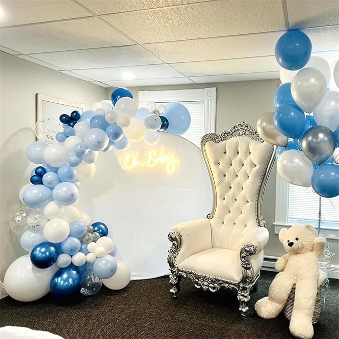 Blue and Silver Balloons, 12 Inch Metallic Blue Silver White Balloons Set, Pearl Light Blue Aqua Baby Blue Silver Confetti Latex Balloons for Boys Birthday Baby Shower Christening Party Decorations
