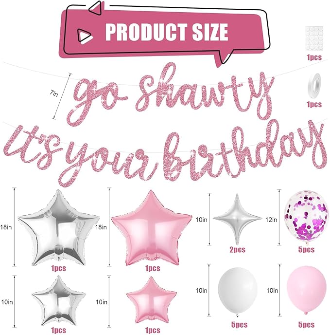 Pink Go Shawty It's Your Birthday Banner Balloons Set, Glitter Happy Birthday Banner with Pink White Confetti Balloon Silver Star Foil Balloon for Women Hip Hop Rap Theme Birthday Party Decorations