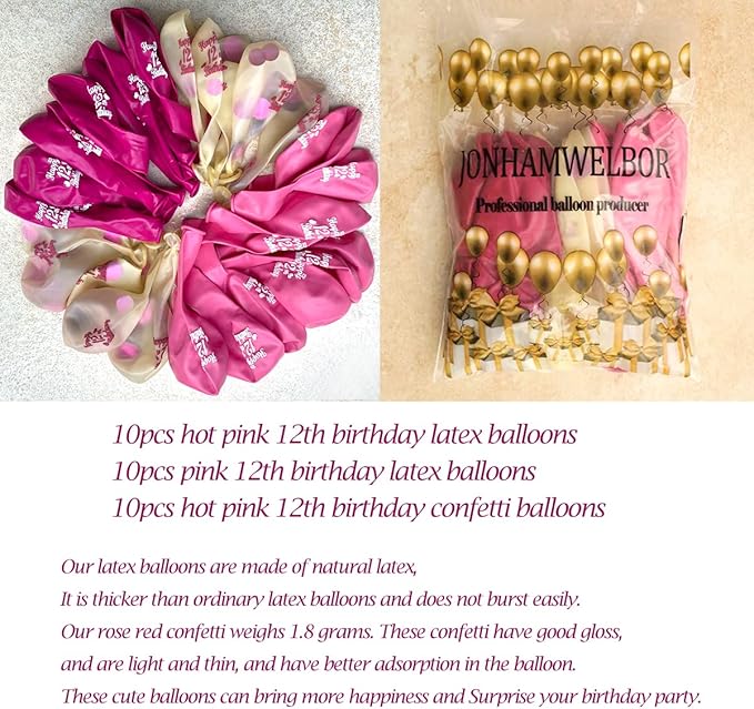 Jonhamwelbor 12th Birthday Latex Balloons Confetti Balloon Pink and Hot Pink Sweet 12th Party Decorations 30 Pack 12 Inch Helium Printed 12 Number With Happy Birthday Balloon for Girl