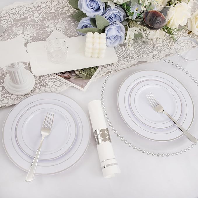 GATHER 350PCS Silver Plastic Plates - White and Silver Disposable Plates for 50 Guests Includes 50 Dinner Plates 50 Dessert Plate 50 Napkins 150 Silvery Cutlery and 50 Cups for Party & Christmas