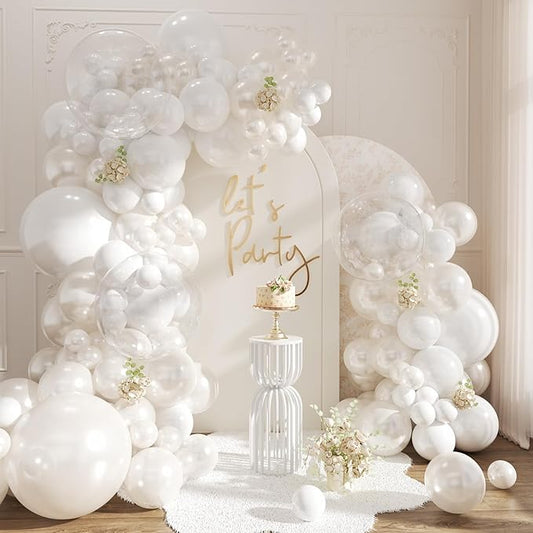 Pearl White Balloon Arch Kit, Double Stuffed White Clear Balloon Garland Kit for Wedding Birthday Baby Shower Gender Reveal Bridal Engagements Party Decorations