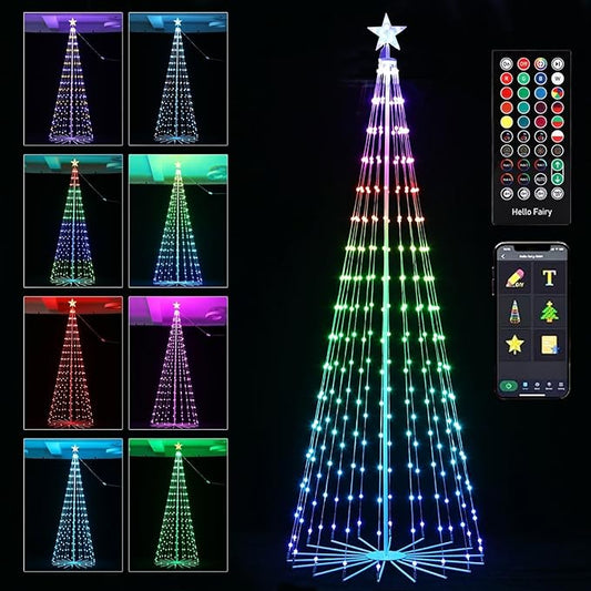 Outdoor LED Christmas Tree 7FT RGB Smart Cone Tree, 295 LED App & Remote Controlled Christmas Lights - DIY Light Show, Music Sync, Timer, IP44 Waterproof Yard Lawn Patio Holiday Decorations