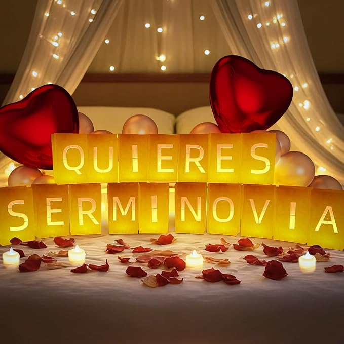 Quieres Ser Mi Novia Light Up Letters, Include Light up Letters, with Tea Lights Candles, Latex Balloons, Aluminum Balloons and Rose Petals, Anniversary and Valentines' Day Decorations for Women