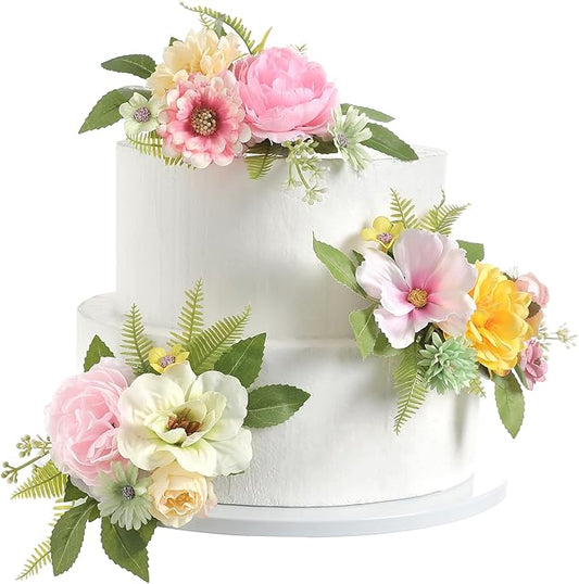 Cake Toppers Flowers,3 Pieces Hand-made Silk Flowers Cake Decorations for Birthday Baby Shower Wedding Valentine's Day Celebration Boho Party Supplies (Yellow Pink)