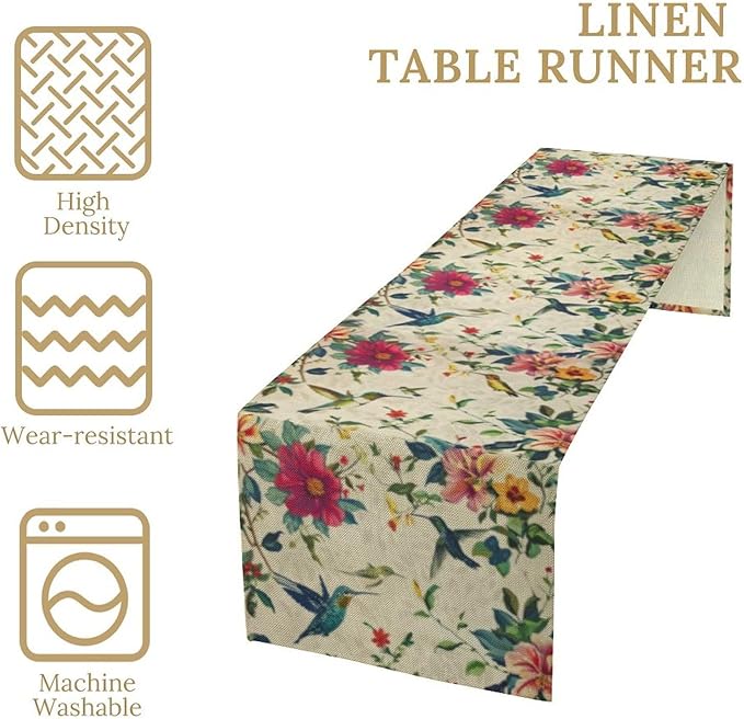 Summer Bird Floral Table Runner,Spring Birds Table Runner Burlap Table Decoration for Seasonal Home Kitchen Dining Dinner Indoor Holiday Farmhouse Decor 13x70 Inch
