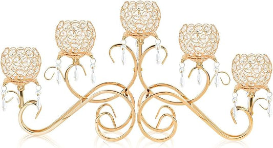Gold 5 Arms 26.8 Inches Wide Crystal Pendant Bowl Tea Light Candle Holder, Large Bling Centerpiece Table Decorations, Metal Votive Candle Holders for Dining Table (Gold, Bowl-Shaped)