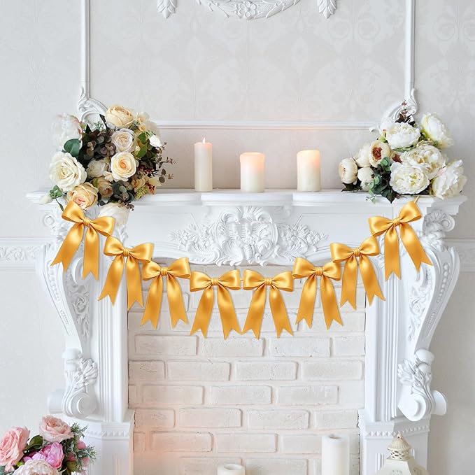 1 String of 8PCS Golden Bow Garland Banner Decoration,Pre-Strung Satin Ribbon Ornaments for Birthday,Bachelorette Party,Bridal Shower,Wedding,Engagement,Baby Shower,Graduation Decor,Anniversary