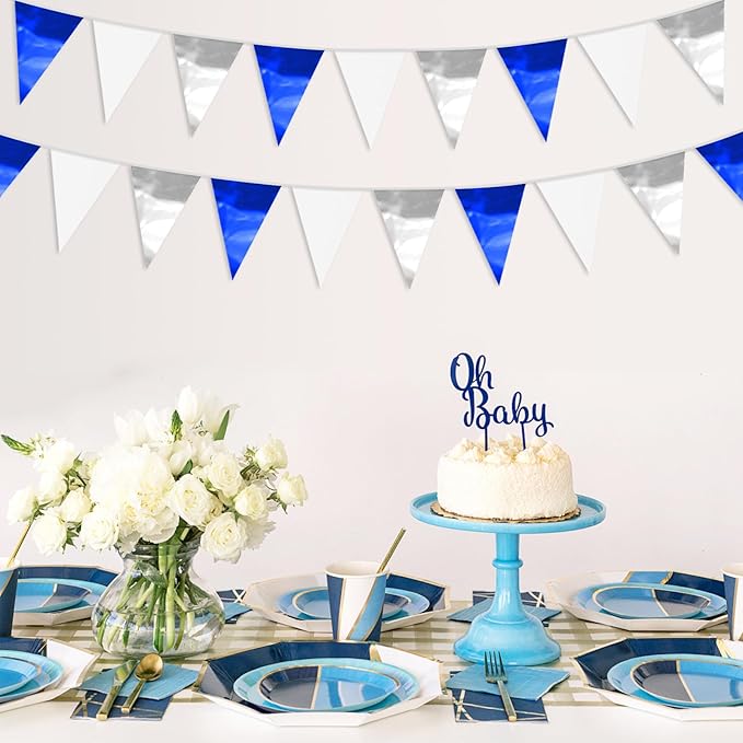 65FT Navy Blue White Silver Glitter Triangle Pennant Banner Flag Metallic Bunting Fabric Garland for Christmas Graduation Wedding Bridal Shower Nautical Ahoy Achor Theme Party Decorations Supplies