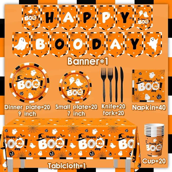 Boo Day Party Decorations,142pcs Halloween Party Tableware Set Include Happy Boo Day Plates Napkins Cups Boo Tablecloth Banner Decoration Orange Ghost Party Supplies for Halloween Birthday Baby Shower