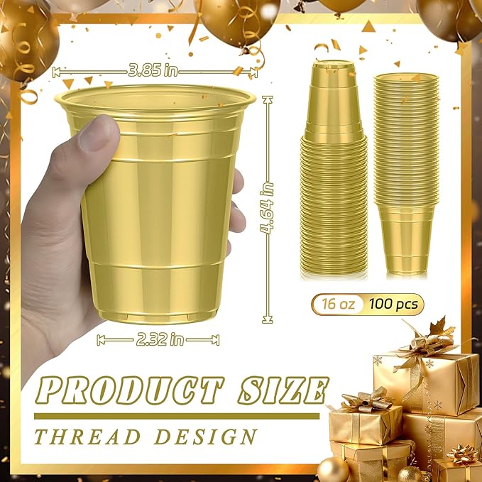Dualshine 100 Pack Gold Plastic Cups 16 oz,Disposable Cups for Party,Heavy Duty Drinking Cups, Graduation Shot Cup for Wedding Birthday Beer Taste Serving Snack Sample Tastings Barbecues Picnic