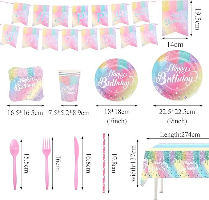 Rainbow Birthday Plates Napkins Sets Pink Birthday Party Supplies Glitter Diamond Plates,Rose Gold Disposable Birthdays Dinnerware Sets Unicorn Girls Party Plates with Tablecloth Cup Banner Serve 24