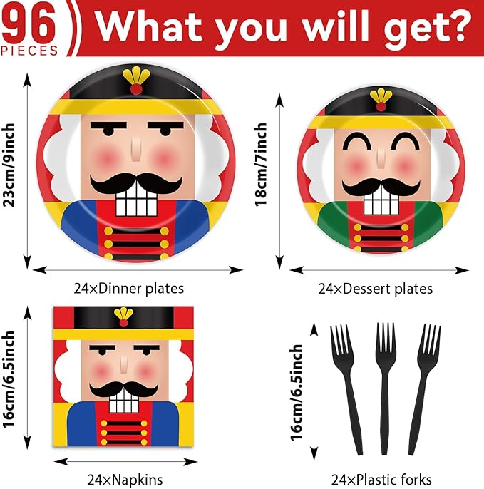 96 Pcs Christmas Nutcracker Plates Party Supplies for 24 Guests Merry Christmas Tableware Table Decorations Soldier Model Nutcracker Plates Napkins Dinnerware for Kids Winter Xmas Holiday Party Favor