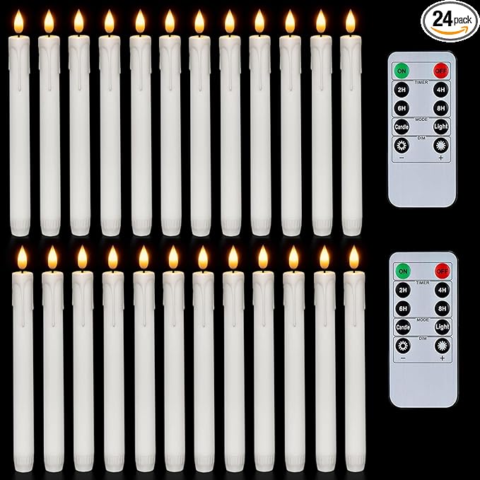 Homemory 24 Pcs Plastic Flameless Taper Candles with Remote Timer Dimmer, White Taper Candles Battery Operated with Flickering Flame Light Lifelike Led Candlesticks for Indoor Decoration 9.6 Inches
