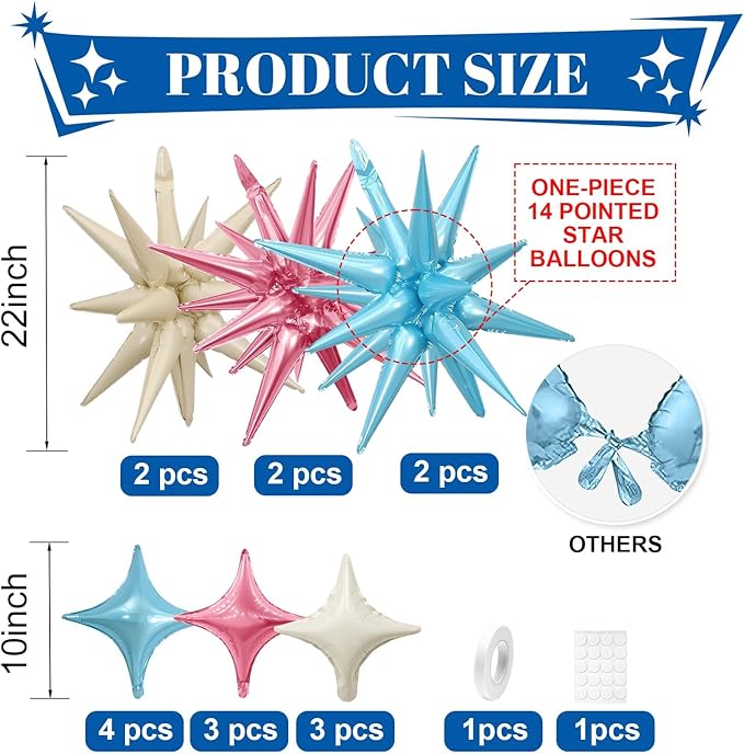 Pink Blue White Star Balloon,Pink Blue 6Pcs 22Inch Explosion Star Balloons and 10Pcs 10Inch Four Angle Balloons Kit for Birthday Anniversary Baby Shower Wedding Party Decorations