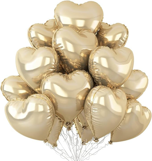 Champagne Gold Heart Balloons,12Pcs 18 Inch Light Gold Foil Love Heart Shaped Balloons for Pastel Yellow Birthday Party Wedding Engagement Anniversary Baby Shower Valentines Day Decorations