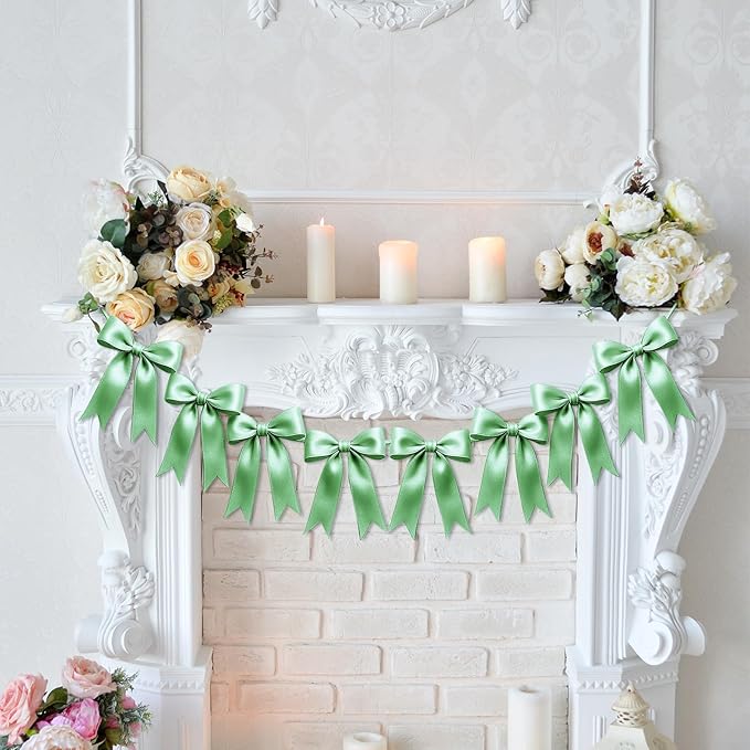 1 String of 8PCS Sage Green Bow Garland Banner Decoration,Pre-Strung Satin Ribbon Ornaments for Birthday,Bachelorette Party,Bridal Shower,Wedding,Engagement,Baby Shower,Graduation Decor,Anniversary
