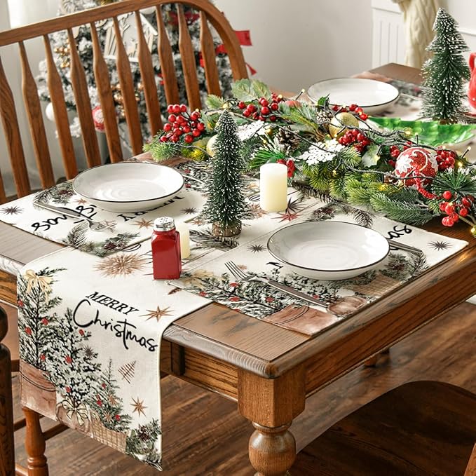 Artoid Mode Xmas Trees Holly Pine Cone Merry Christmas Placemats Set of 8, 12x18 Inch Seasonal Winter Holiday Table Mats for Party Kitchen Dining Decoration