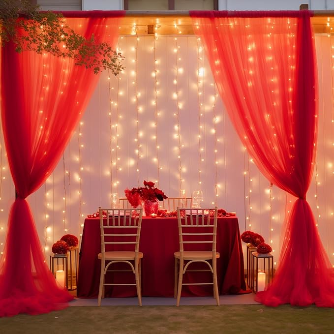 30ft x 10ft Red Backdrop Curtain with Lights String for Parties, Sheer Tulle Wedding Photo Backdrops Drapes for Baby Shower Birthday Party Decorations Background for Photography