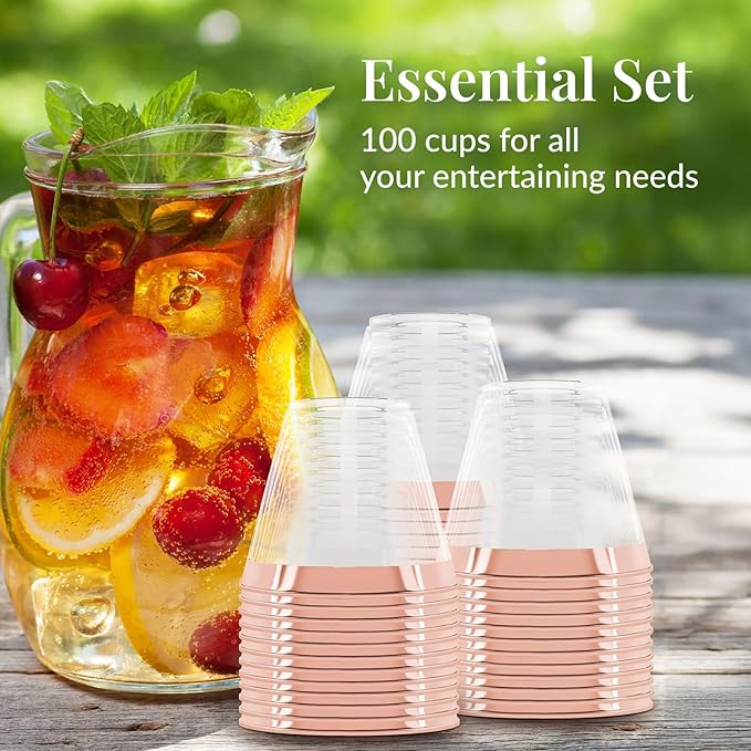Prestee 100 Rose Gold Plastic Cups - Rose Gold Plastic Cups 9 oz - Party Decorations - Disposable Wine Cup - Clear Cup - Bulk Party Wine Glasses