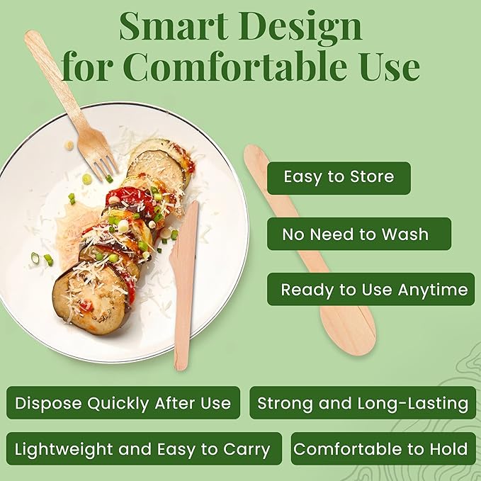 300 Pcs Disposable Wooden Cutlery Set (150 Forks, 50 Knives, 100 Spoons) – Eco Pack, Wooden Premium Cutlery Utensils for Sustainable Living, Perfect for Picnics & Everyday Use by Zestium