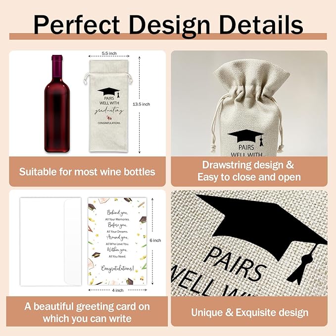 Graduation Wine Gift Bags & Card, Graduation Gifts for Him Her Son Daughter College, Pairs Well With Graduating, 1 pcs Reusable Burlap Wine Gift Bags for Wine Bottles, Graduation Party Decor Favor -26