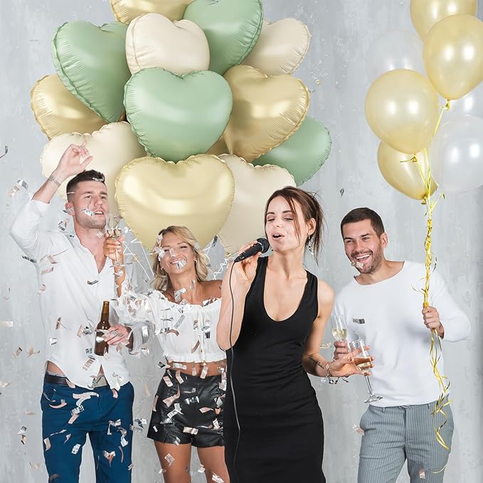 Sage Green Gold Heart Balloons,12Pcs Light Gold Heart Shaped Foil Balloons,18Inch Cream White Helium Balloon for Baby Shower Birthday Anniversary Wedding Party Decorations