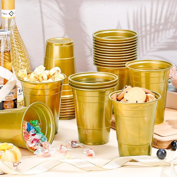 Dualshine 100 Pack Gold Plastic Cups 16 oz,Disposable Cups for Party,Heavy Duty Drinking Cups, Graduation Shot Cup for Wedding Birthday Beer Taste Serving Snack Sample Tastings Barbecues Picnic