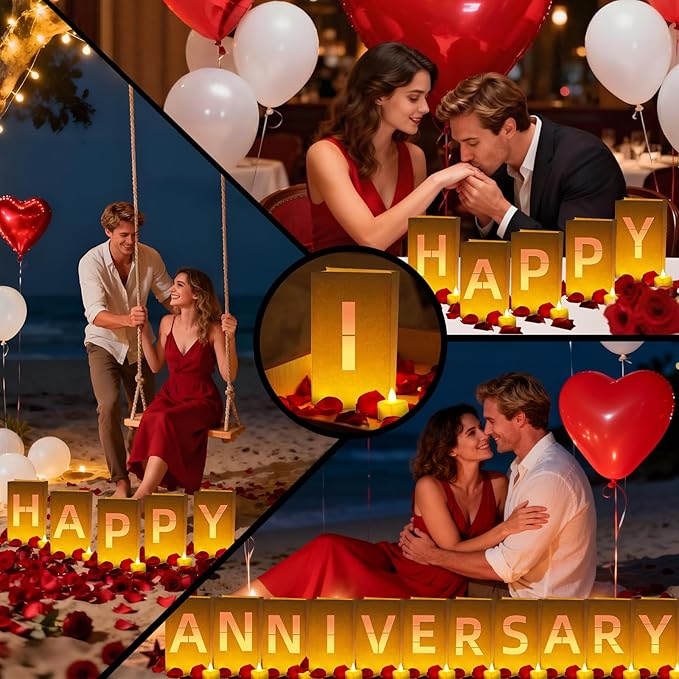 Happy Anniversary Light Up Letters, Include Light up Letters, with Tea Lights Candles, Latex Balloons, Aluminum Balloons and Rose Petals, Anniversary and Valentines' Day Decorations for Women
