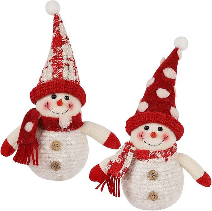 Juegoal 2 Pack Christmas Table Decorations, 10 Inch Lighted Plush Snowmen Figurines, Light Up Snowman Holiday Present, Battery Operated Xmas Gifts Tabletop Ornaments Dinner Party Supplies, Red Brim