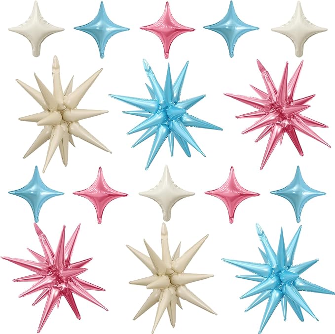 Pink Blue White Star Balloon,Pink Blue 6Pcs 22Inch Explosion Star Balloons and 10Pcs 10Inch Four Angle Balloons Kit for Birthday Anniversary Baby Shower Wedding Party Decorations