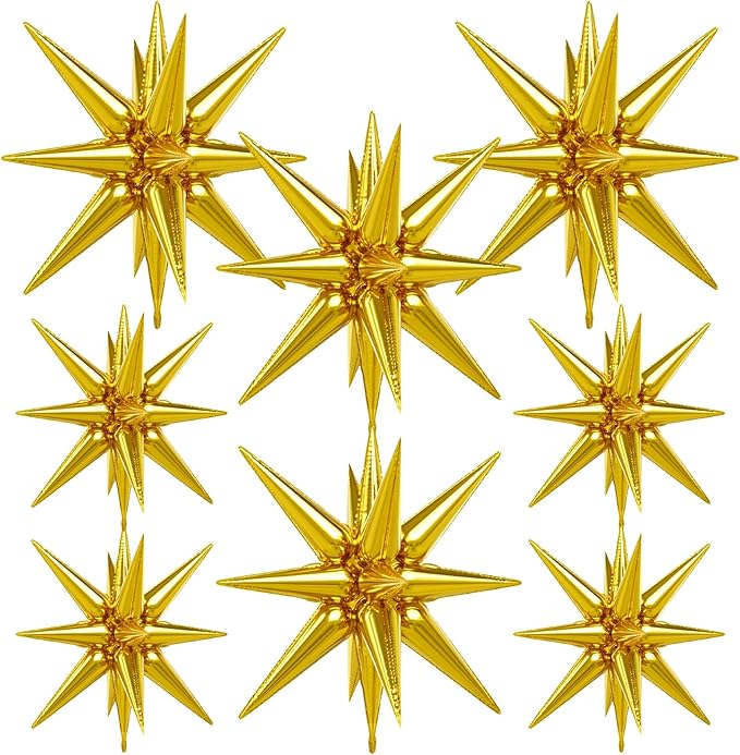 8Pcs Gold Star Balloons, Explosion Star Foil Balloons Huge Magic One-Piece 14-Pointed Mylar Spike Balloon for New Year Christmas Fall Birthday Wedding Graduation Party Decorations