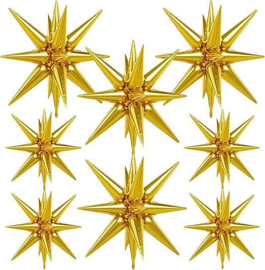 8Pcs Gold Star Balloons, Explosion Star Foil Balloons Huge Magic One-Piece 14-Pointed Mylar Spike Balloon for New Year Christmas Fall Birthday Wedding Graduation Party Decorations