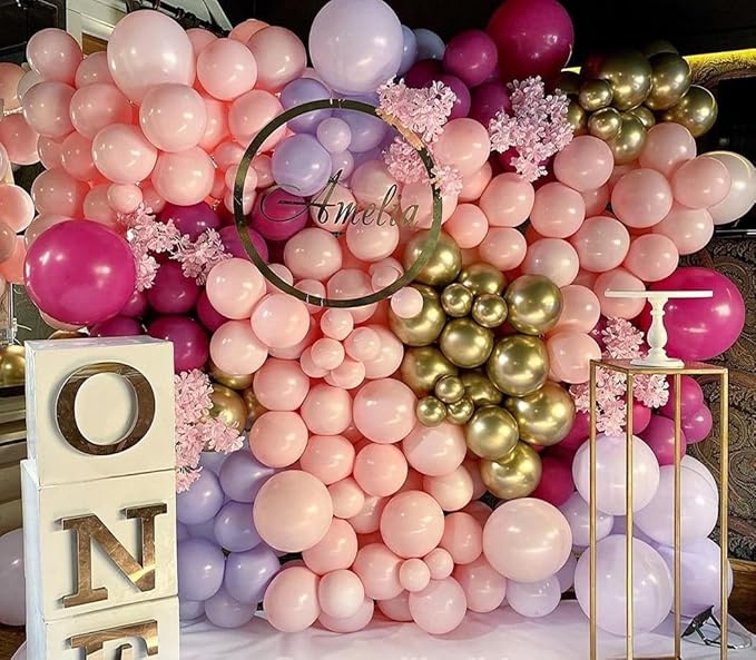 Pink and Purple Balloon Set, 60Pcs Hot Pink Lilac Lavender Balloon with Metallic Rose Gold Balloons, Purple Pinks Rose Red Latex Balloons for Girl Mermaid Butterfly Birthday Party Decorations