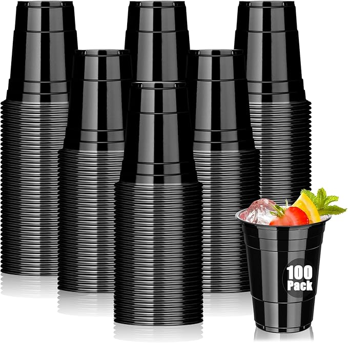 Dualshine 100 Pack Black Plastic Cups 16 oz, Disposable Cups for Party, Heavy Duty Drinking Cups, Halloween Cup for Wedding Birthday Beer Taste Serving Snack Sample Tastings Barbecues Picnic