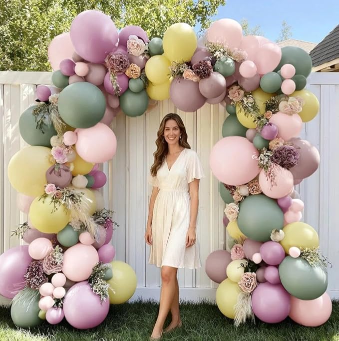 Dusty Green Pink Yellow Balloon Garland Double Stuffed Pastel Pink Yellow Haze Purple Green Floral Pastel Balloons Arch Kit for Birthday Wild Flower Baby Shower Wedding Garden Tea Party Decoration