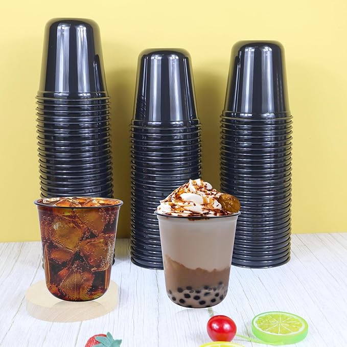 100 Pcs Disposable Stemless Glasses 12oz Plastic Cups PET Disposable Drinking Cups Cold Party Plastic Wine Glasses Classic Cup for Birthday Wedding Cocktail Halloween Christmas Party Supplies (Black)