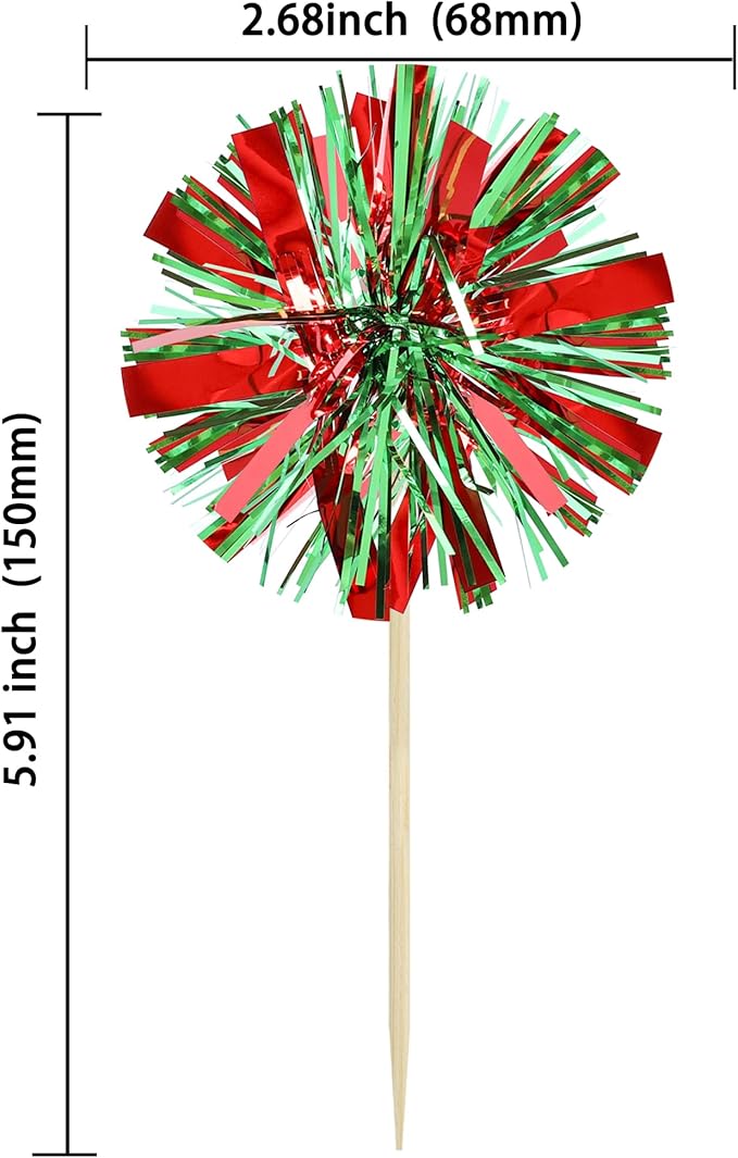 Ephlyn 30Pcs Foil Firework Cupcake Toppers Sparkle Tinsel Drink Birthday Cake Decorations Cocktail Food Fruit Toothpick for New Years Wedding Birthday Party Decorations Red Green