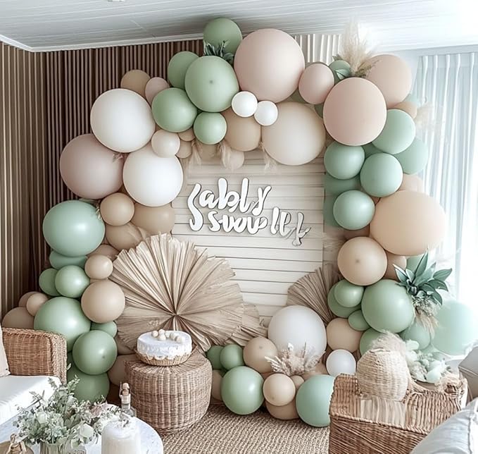Sage Green White Balloon Garland Double Stuffed Dusty Green Cream Sand White Beige Latex Neutral Balloons Arch Kit for Boho Baby Bridal Shower Birthday Wedding Baptism Decoration
