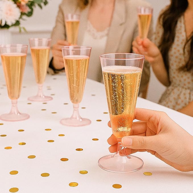 100 Pack Pink Clear Plastic Champagne Flutes, 5 Oz Disposable Champagne Glasses, Unbreakable Acrylic Mimosa Glasses Wedding Cocktail Cups for Engagement Birthday Graduation Party Decorations Supplies