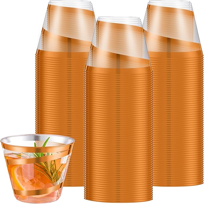 Gejoy 9 oz Rimmed Swirl Plastic Cups Disposable Wine Drinking Cups Clear Elegant Halloween Tumblers for Christmas Party Supplies(Orange,100 Pcs)