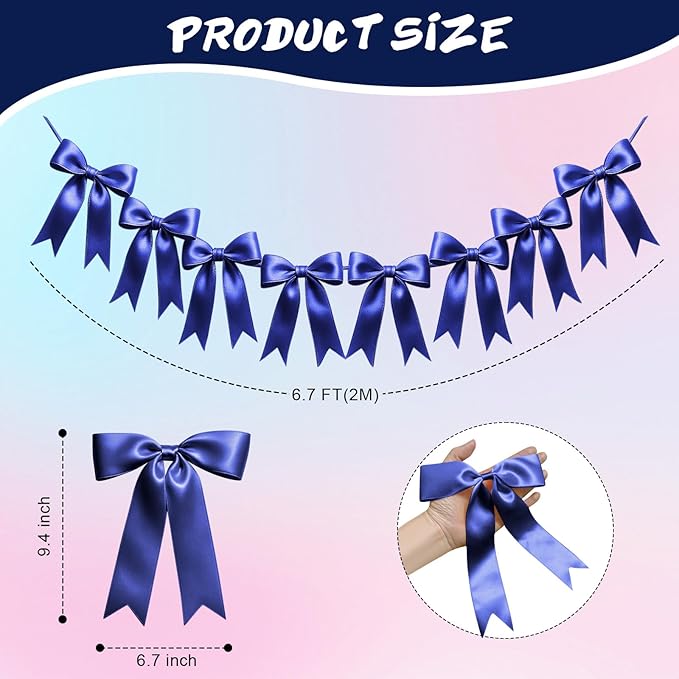1 String of 8PCS Navy Blue Bow Garland Banner Decoration,Pre-Strung Satin Ribbon Ornaments for Birthday,Bachelorette Party,Bridal Shower,Wedding,Engagement,Baby Shower,Graduation Decor,Anniversary