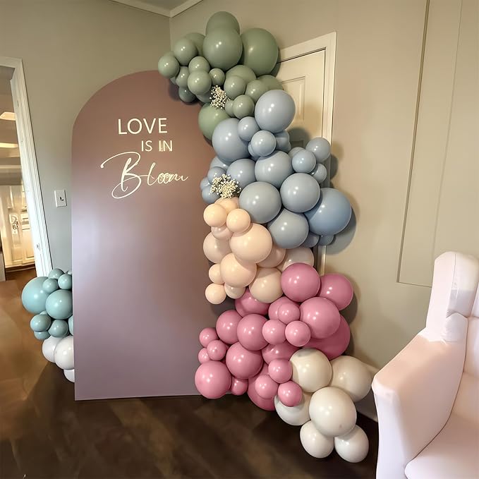 Pink Blue Green Balloons, Retro Blush Pink Sage Green Dusty Blue Ivory White Nude Latex Balloons Boho Pastel Rainbow Goose Party Balloon for Flower Fairy Baby in Bloom Shower Birthday Party Decoration
