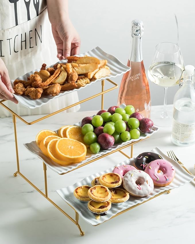 LAUCHUH 3 Tier Trays Stand, Porcelain Serving Trays Collapsible Sturdier Stand Serving Platters Dessert Table Display Set for Indoor Party, Entertaining, Thanksgiving, Christmas, Gold, 12.2 Inch