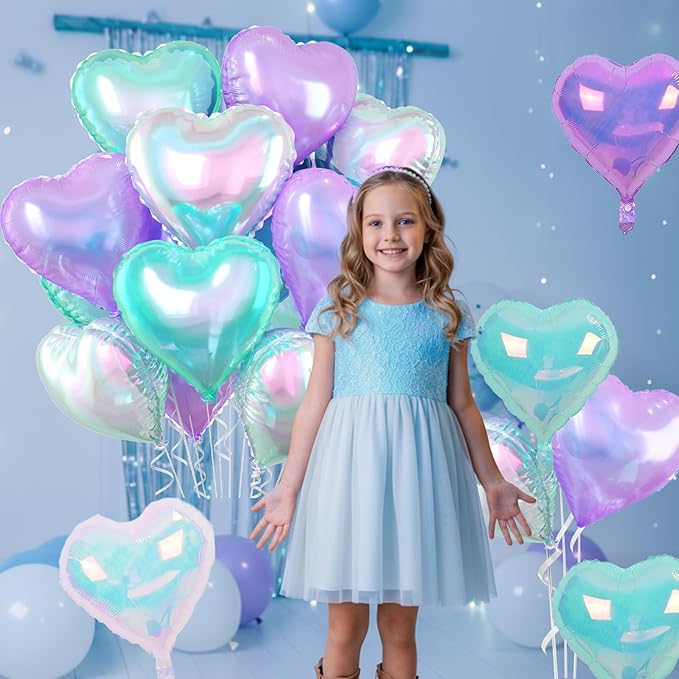 Iridescent Heart Balloons, 10 Pcs Crystal Heart Shaped Balloon, 18 Inch Transparent Gradient Blue Purple Foil Balloons for Engagement Brithday Baby Shower Wedding Valentines Mermaid Party Decoration