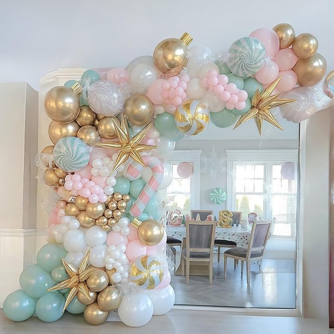 Pink and Green Balloons Pastel Green Pink White Sand Gold Metallic Balloons Nut Sugar Fairy Theme Balloon Set for Winter Wonderland Snow Ice Spring Birthday Christmas Baby Shower Party Decorations