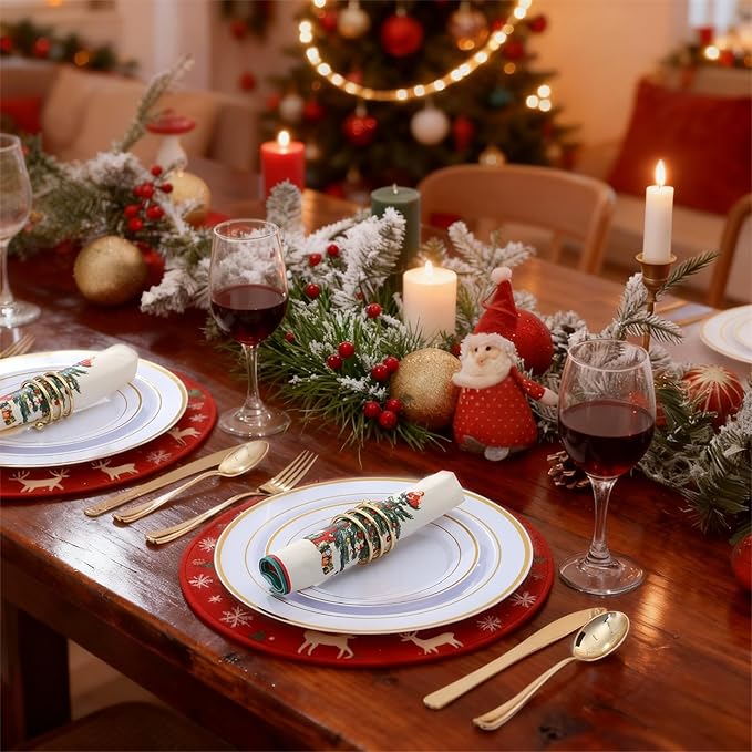 WDF 175PCS White and Gold Plastic Plates - Gold Plates Disposable - 25 Guest Thanksgiving Disposable Dinnerware Sets Include 50 Plate, 25 Cutlery, 25 Napkins and 25 Cups for Party/Thanksgiving/Wedding