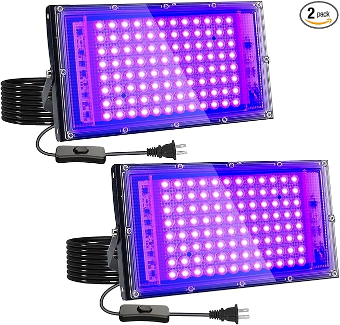 2 Pack 100W UV Black Light, IP65 Waterproof, Glow Party Light, Stage Lighting, Halloween, Body Paint, Fluorescent Poster, Neon Glow
