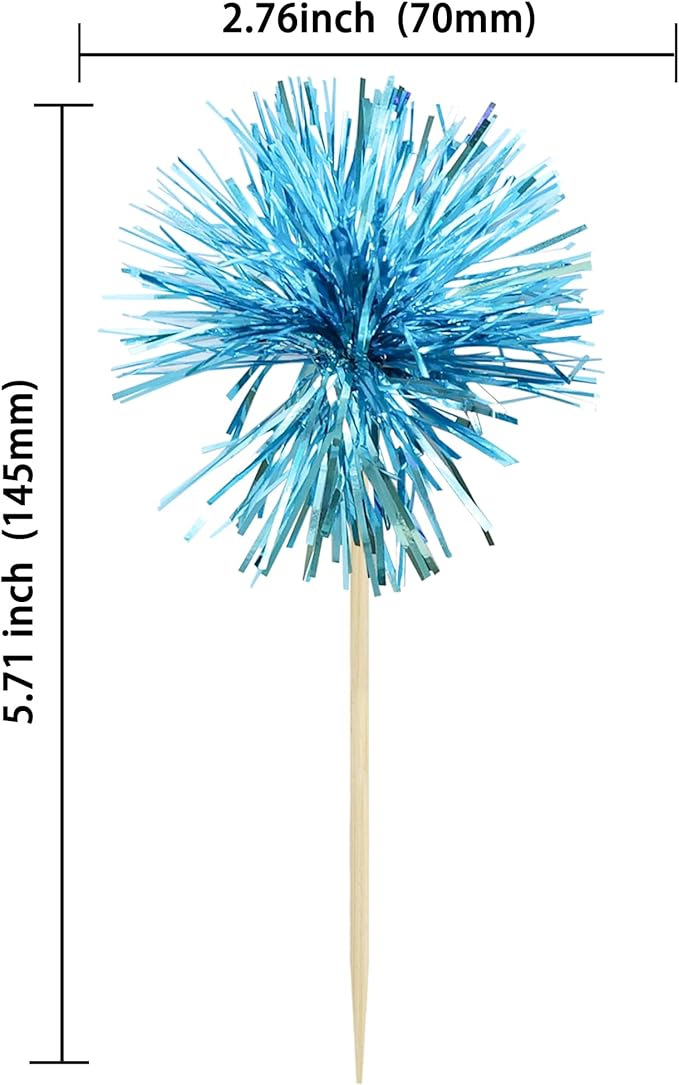Gyufise 30Pcs Foil Firework Cupcake Toppers Sparkle Tinsel Cake Toppers Tinsel Drink Cake Decoration Cocktail Picks for Birthday Wedding Graduation Party Supplies Lake Blue